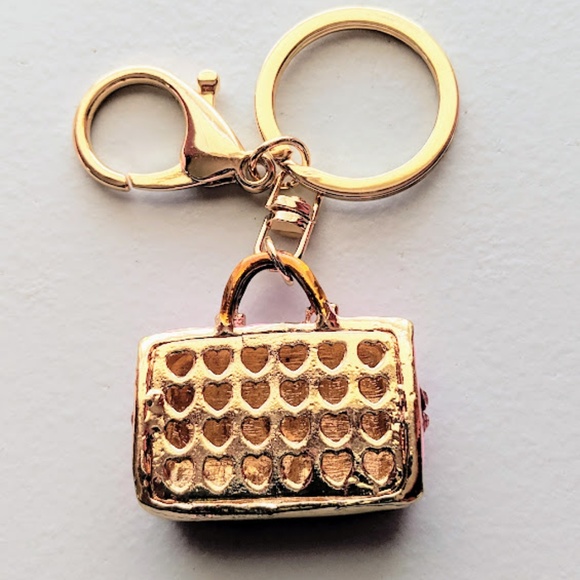 Enamel Pink Crystal Heart Handbag Charm, Key Chain - Picture 5 of 5